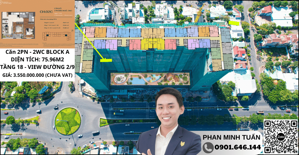 Vung Tau CenTre Point căn 2PN 76m2 tầng cao view đường 2 tháng 9 bàn giao full nội thất. Cam kết cho thuê 12 triệu/tháng