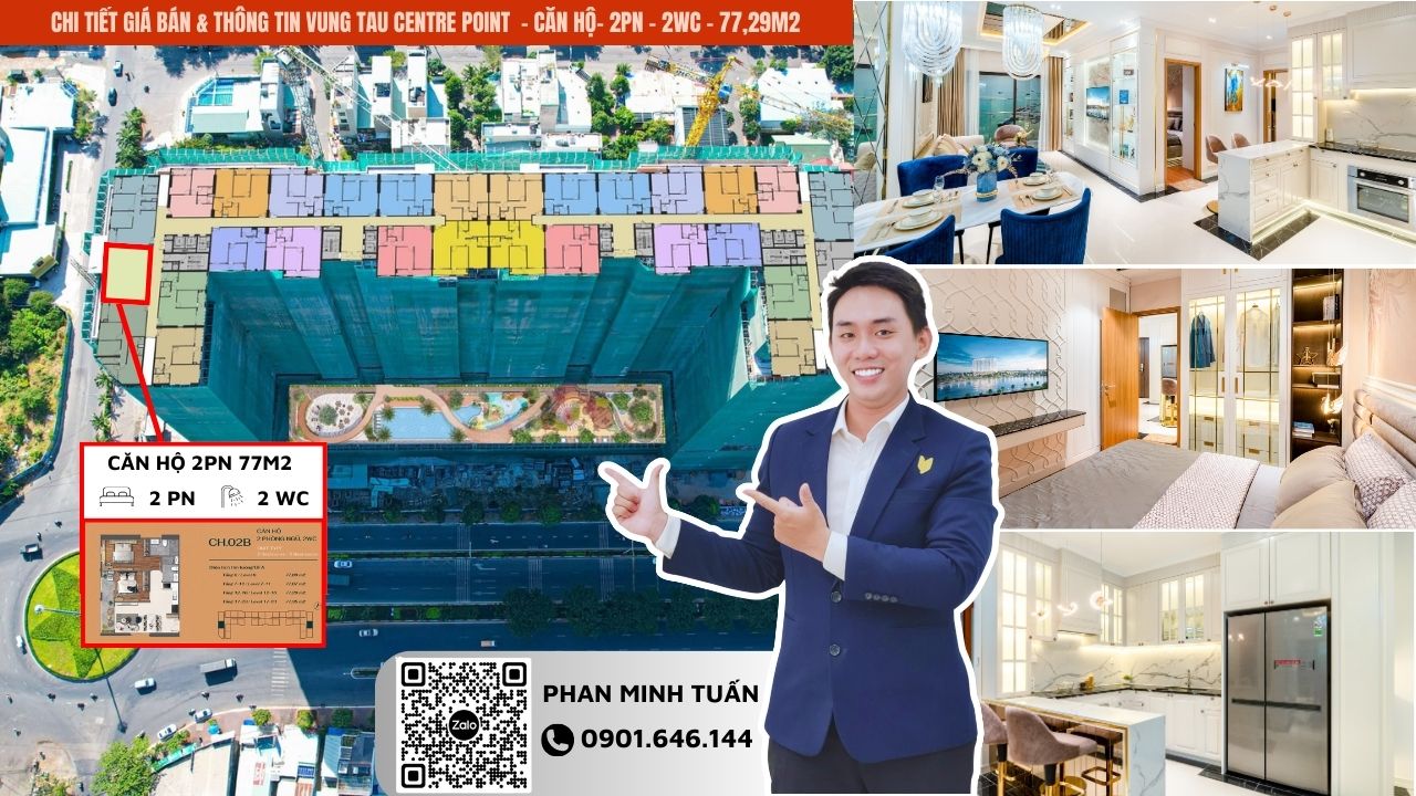 Mặt bằng căn hộ Vung Tau CenTre Point 2 phòng ngủ 77m2 view đẹp full nội thất cao cấp cam kết cho thuê 16 triệu/tháng