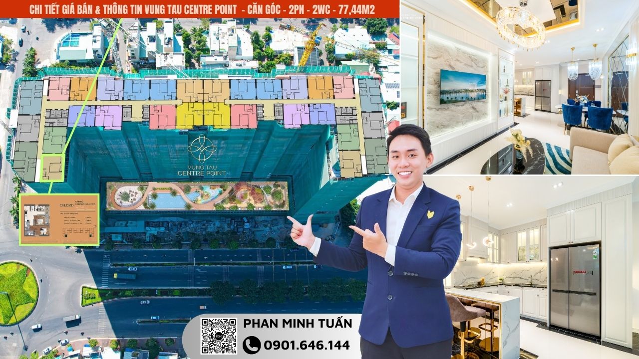 Dự án Vung Tau CenTre Point 2 phòng ngủ căn góc 77m2 siêu đẹp full nội thất cao cấp. Cam kết cho thuê đến 16 triệu/tháng