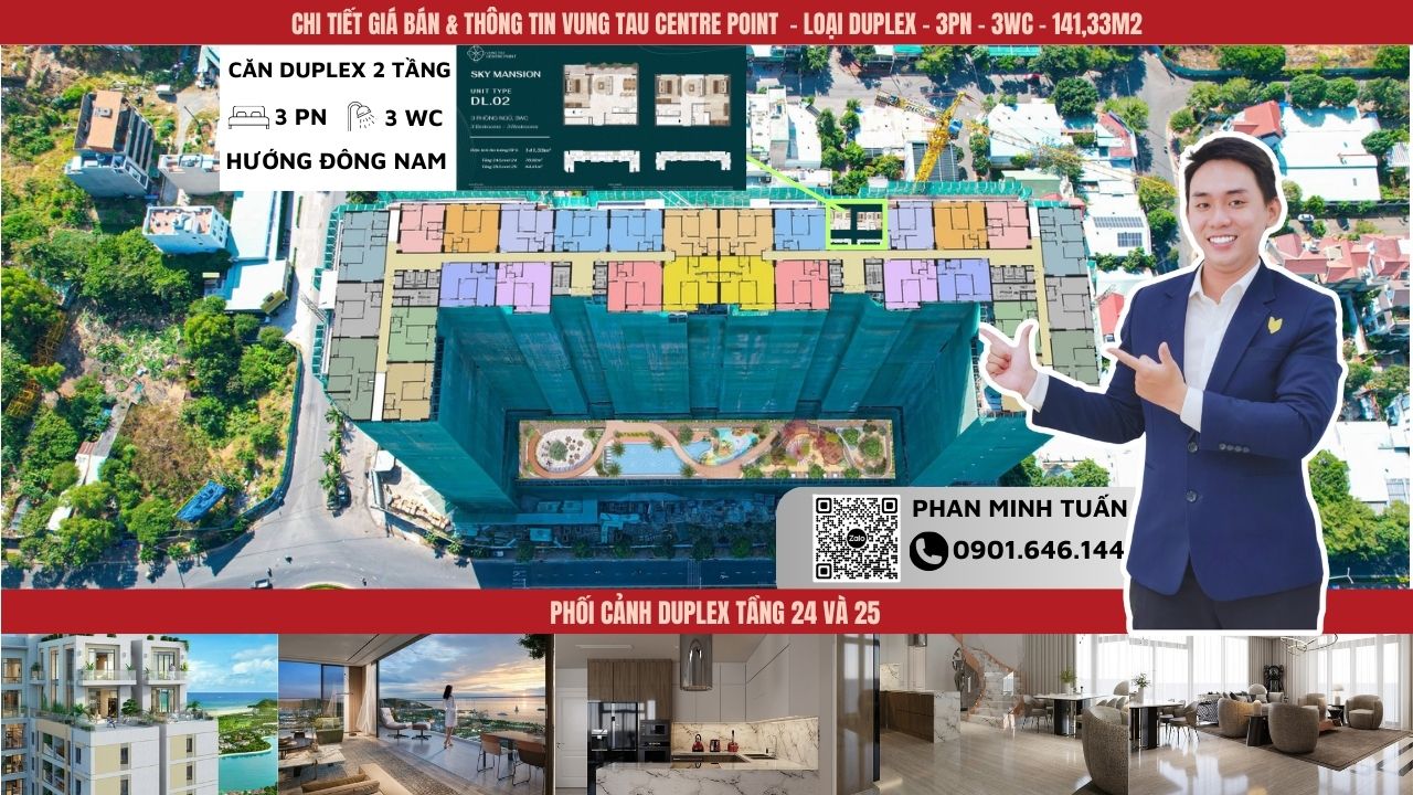 Căn Sky Mansion Vung Tau CenTre Point duplex 2 tầng 3 phòng ngủ 141m2 view biển Chí Linh chiết khấu đến 18%