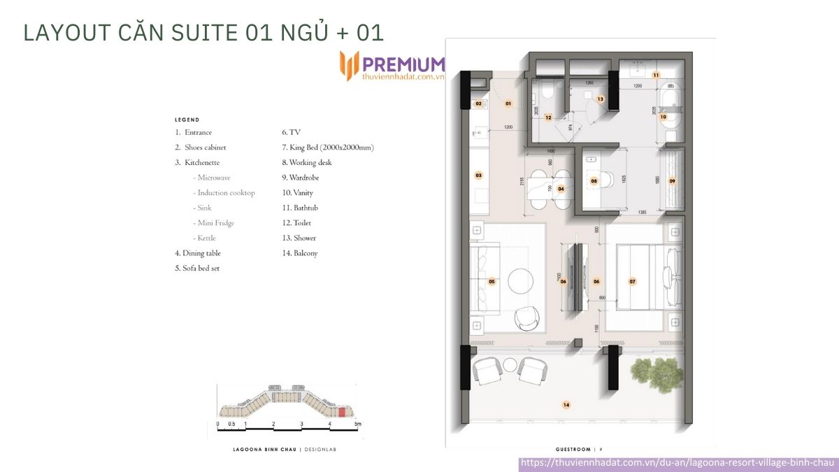 Layout Suite 1PN + 1 Lagoona Resort Village Bình Châu