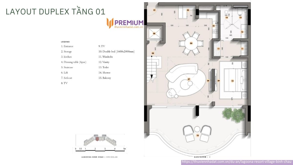 Layout Duplex tầng 1 Lagoona Resort Village Bình Châu