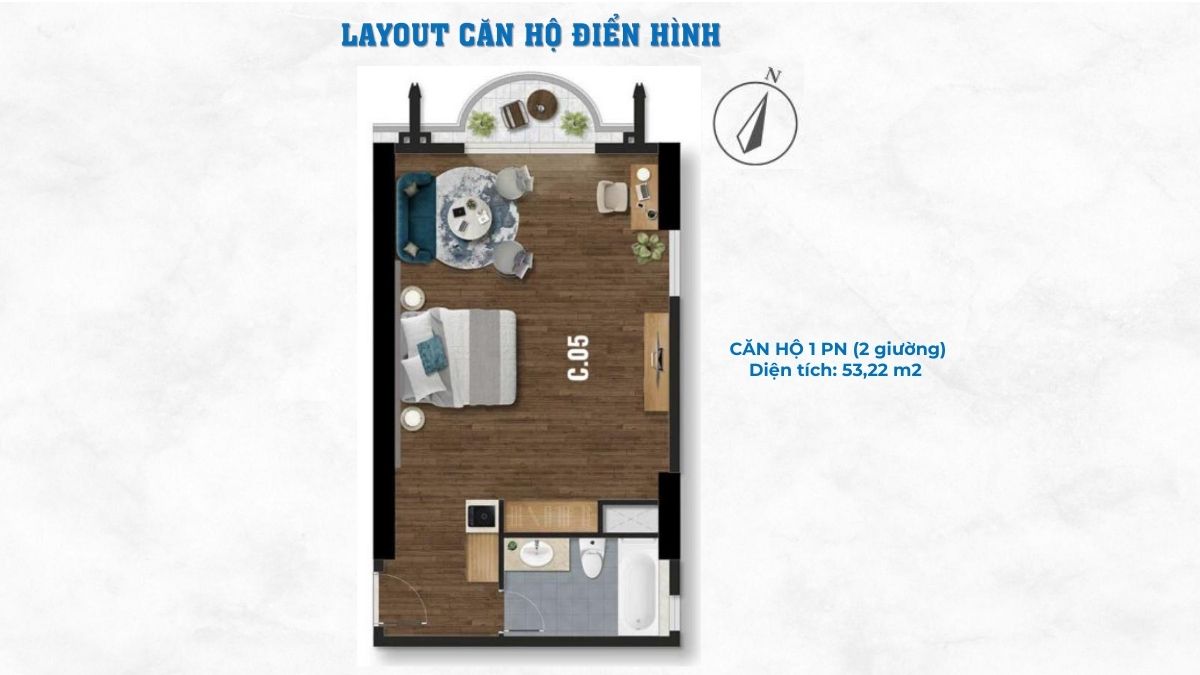 Layout căn 1PN 53,22 m2 Oyster Bay Vũng Tàu