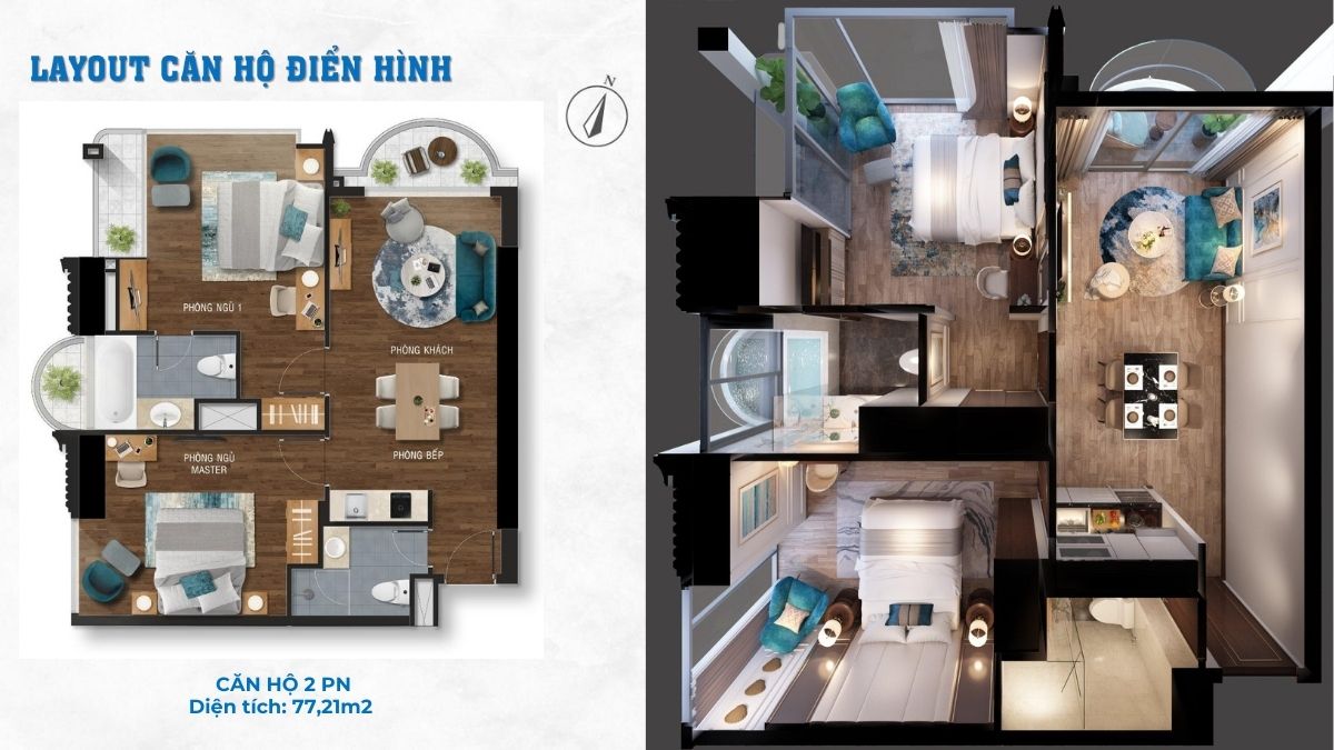 Layout căn 2PN 77,21m2 Oyster Bay Vũng Tàu