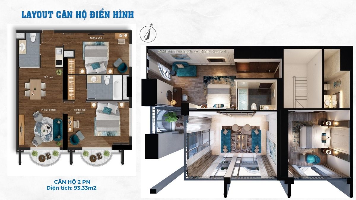 Layout căn 2PN 93,33m2 Oyster Bay Vũng Tàu