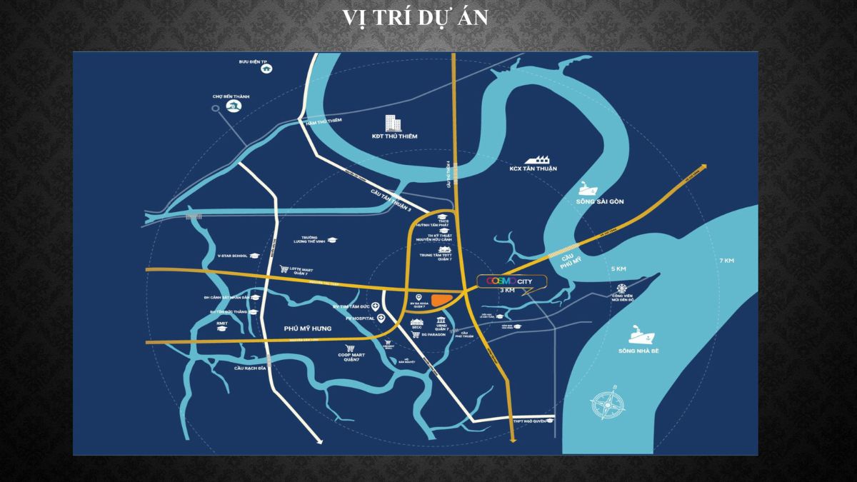 Sơ đồ kết nối từ Cosmo City đến các tiện ích ngoại khu quan trọng như bệnh viện, trường học và trung tâm thương mại.