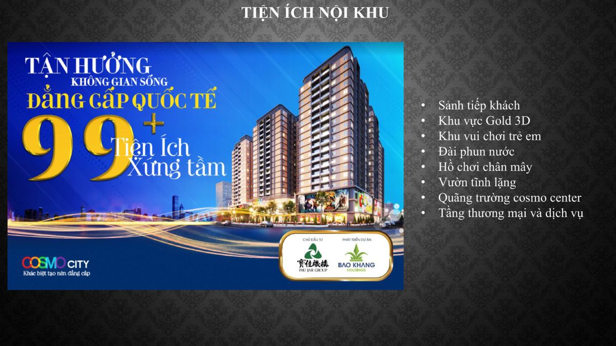 Sơ đồ mặt bằng thể hiện vị trí các tiện ích nội khu của Cosmo City.