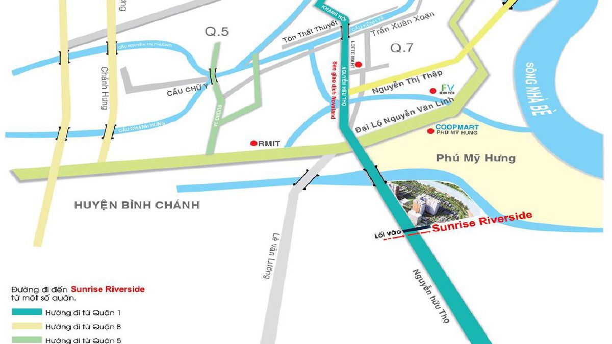Bản đồ vị trí dự án Sunrise Riverside Nhà Bè và các kết nối giao thông, tiện ích quan trọng xung quanh.