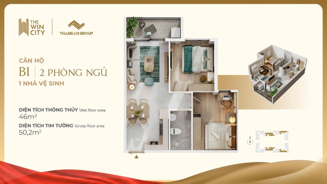 Layout căn hộ B1 The Win City 2 phòng ngủ, 1 vệ sinh, diện tích 46m2