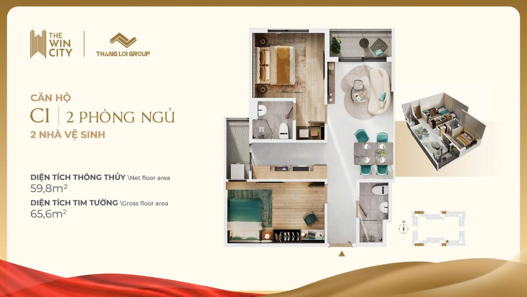 Layout Căn Hộ C1 The Win City (2PN, 2WC) - 65.6m²
