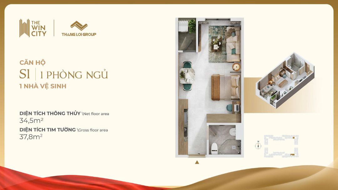 Layout chi tiết căn hộ S1 The Win City 1 phòng ngủ, 1 vệ sinh, 37.8m2