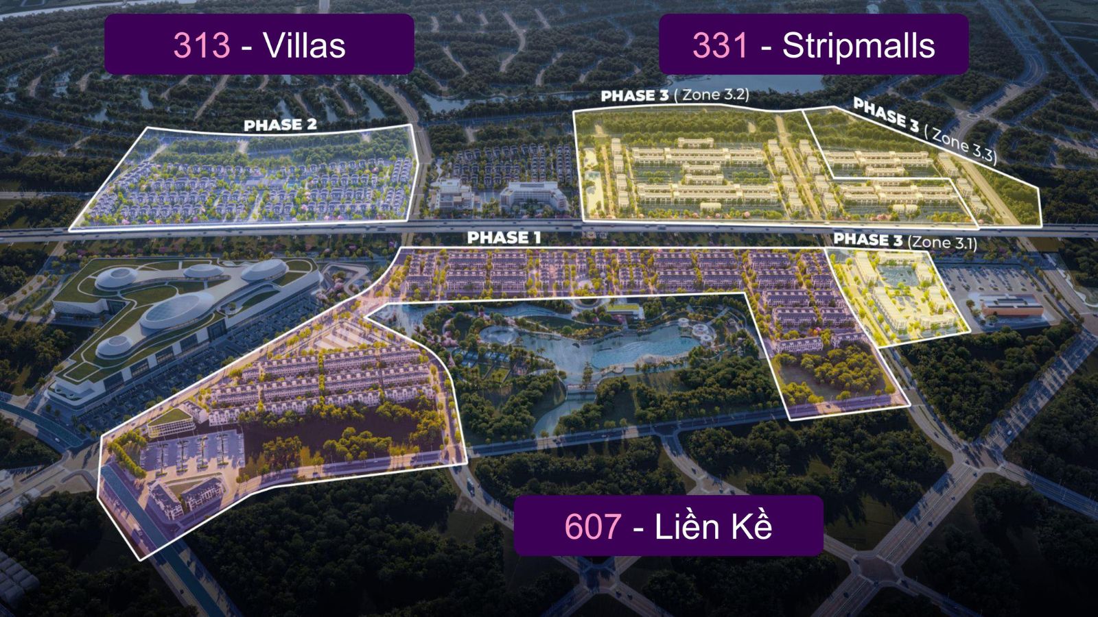 Mặt bằng quy hoạch phân khu Miền Thương Phú với các trục giao thương và lõi sinh thái biệt lập.